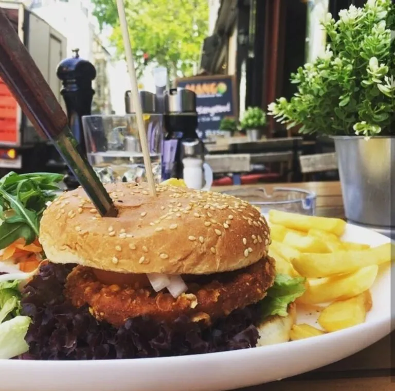 Leckerer Burger mit Pommes bei Mango am Ring